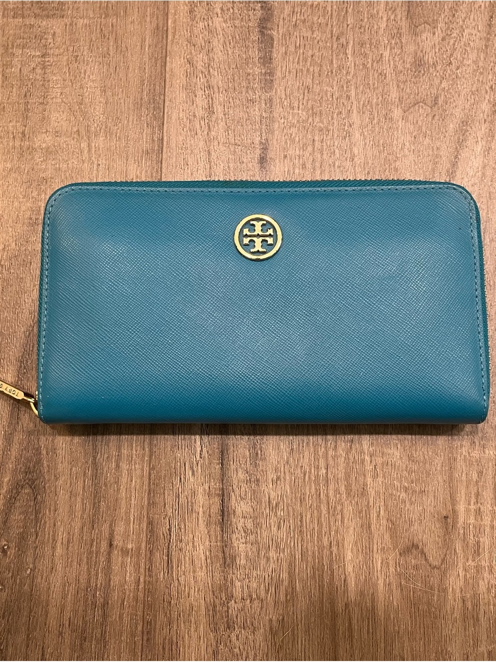 Tory Burch Teal Zip Wallet with Gold Logo